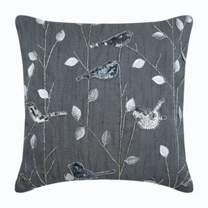 Square Sofa Pillow Cover Grey 16"x16", Couch Decor Silk Birds - Pigeon Story - Picture 1 of 3