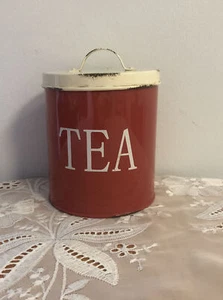 New Vintage-Style Tin Tea Canister Container Red Beige Lid Adorable Antiqued - Picture 1 of 9