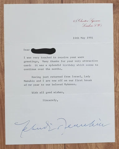 YEHUDI MENUHIN Violinist Autograph Letter Signed 1991 London Cover