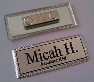 SILVER Engraved Name Tag 3"x1" on SILVER metal frame w/magnetic badge attachment