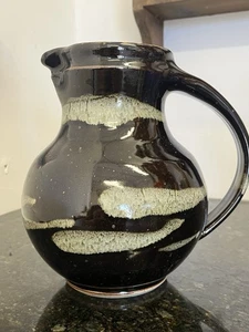 Studio Pottery Jug – Dark Brown Glaze with Textured Cream Slip – Signed Base - Picture 1 of 11