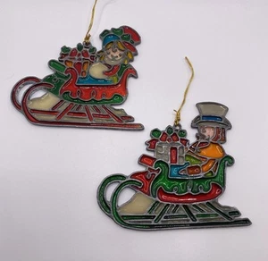 Lot 2 Faux Stained Glass Xmas Ornaments Vtg Kurt Adler Sled W/ Victorian Dressed - Picture 1 of 7