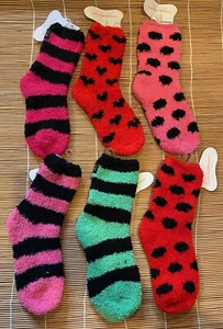 6 Little Miss Matched Socks Fuzzy Socks Don't Match Pink Red Green - Picture 1 of 2