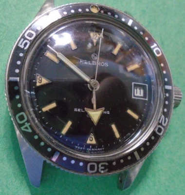 Мужские дайверские часы 1960-х HELBROS с автоподзаводом черный циферблат редкие восстановленные во Франции - Изображение 1 из 4