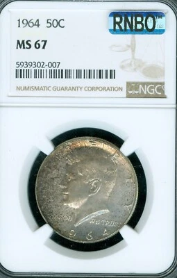 1964 KENNEDY HALF DOLLAR NGC MS67 PQ MAC RNBO OR RAINBOW TONING . - Image 1 of 2