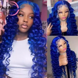 Blue Deep Wave Wig Pre Plucked HD Transparent Lace Front Human Hair Wigs Women - Picture 1 of 7