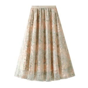 Women Mesh Sheer Floral Embroidered Layered Midi Skirt Pleated Elastic Waist - Picture 1 of 13