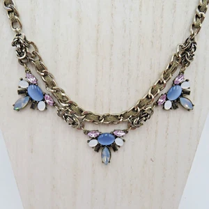 Loft Necklace Silver Tone 18" Chain Purple Rhinestone Blue Beads Statement Bib - Picture 1 of 6