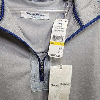 全新带标签! Tommy Bahama Island Zone Sport On Deck 1/4 拉链套衫 L/S 灰色蓝色 全新 M — 第 1/4 张图片