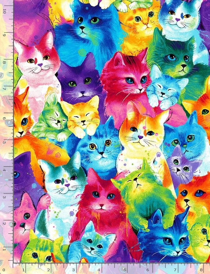 Animal Fabric - Bright Rainbow Watercolor Cat Packed - Timeless Treasures YARD - Image 1 of 1