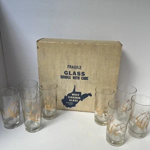 West Virginia Glass 8 Piece Set - Gold Birds - Picture 1 of 6