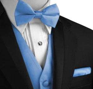 Men's Solid Satin Tuxedo Vest, Bow-Tie and Hankie Set. Formal Dress Wedding Prom - Picture 1 of 35