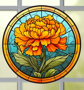 Marigold Flower Faux Stained-Glass WINDOW CLING Size 8" Round Vinyl - Picture 1 of 1