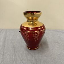 Vintage Murano Venetian Style Ruby Red Glass Vase Gold Trim 6.5" FS Bnfts Chrty