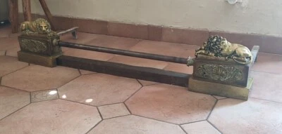 Chenets barre de cheminée aux Lions en bronze epoque  Restauration Empire XIXème - Photo 1/4