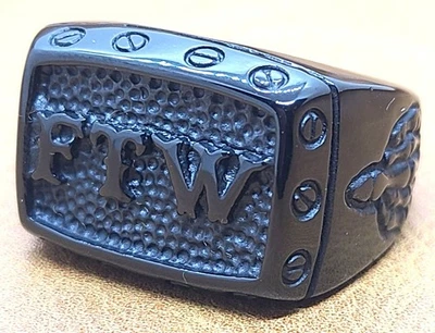 Black Stainless Steel Biker Out Law Motorcycle FTW Ring Middle Finger Up - Image 1 of 4