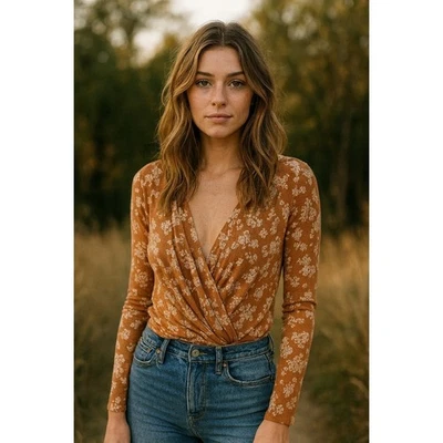 Free People Intimately Turnt Bodysuit Women Small Orange Floral Faux Wrap Plunge - Image 1 of 4