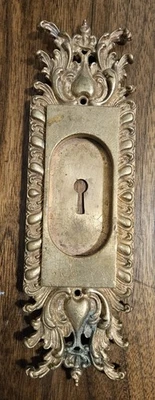 1 Antique Pocket Door Pull Plate Victorian Brass Bronze Flower Rare - Image 1 of 4