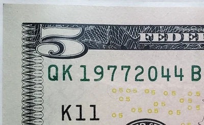 $5 Bill 2021 Serial Number Tombstone Double Years 1977 2044 - QK 19772044 B - Image 1 of 3