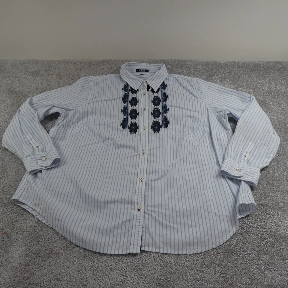 Blusa Chaps Mujer 2X Blanco Azul Rayas Bordada Azteca Suroeste Camisa Foto 1 de 4