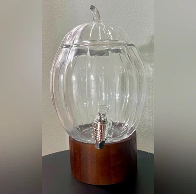 NWT Glass Pumpkin Beverage Dispenser with Wooden Base Thanksgiving Holiday Decor - Image 1 of 4
