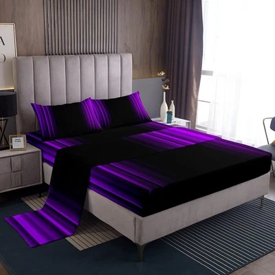 Geometric Abstract Ombre Bed Sheets Teens Purple and Black Striped Sheet Set ... - Image 1 of 4