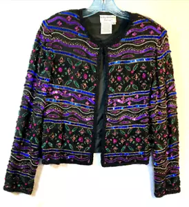 Vtg Papell Boutique Evening Silk Jacket Womens S Luxury Capsule Beaded Sequins - Picture 1 of 9