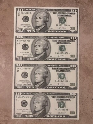 UNCUT SHEET OF 4 $10 BILL NOTE  STAR UNCIRCULATED YEAR 2003 BANK OF BOSTON - Image 1 of 2