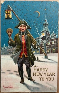 New Year Town Crier Rings Bell Bernhardt Wall Art Vintage Postcard 1909 - Picture 1 of 7