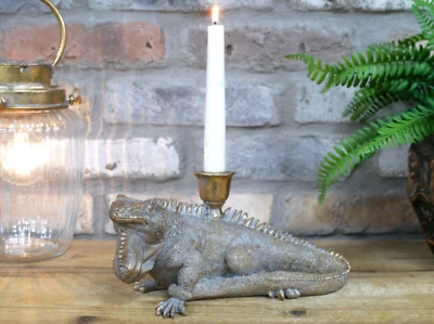 Aged Gold Gecko Lizard Dinner Candelabra Candle Stick Holder Statue Ornament - Image 1 of 4