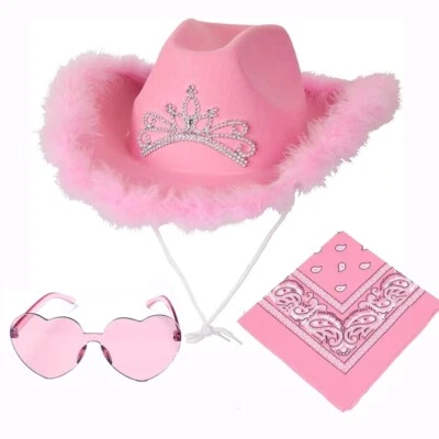 PINK COWBOY HAT WITH TIARA COWGIRL FANCY DRESS COSTUME FESTIVAL HEN NIGHT LOT - Image 1 of 4
