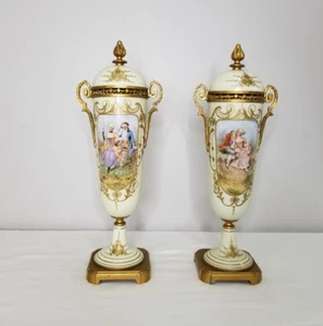 Pair of 19th Century FRENCH SEVRES Style Hand Painted Porcelain and Bronze Urns - Picture 1 of 24