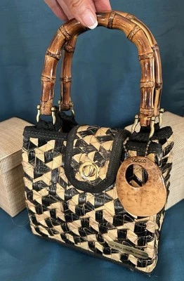 Bolso de mano Dot Miller Bahama de paja hecho a mano - Cartera pequeña negra y tostada - Bolso de verano Foto 1 de 4