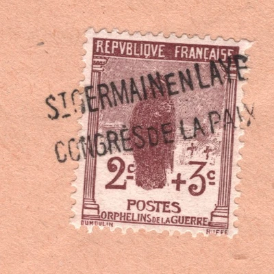 FRANCE (WW1) Cover PEACE CONGRESS St Germain 1919 Postmark CTO 2+3c ORPHAN YZ349 - Image 1 of 4