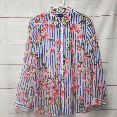 Talbots Petites Striped Floral Blouse Size XLP Sheer Cottage Button Down  - Image 1 of 4