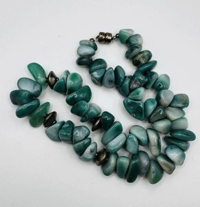 Vintage Green Agate Gemstone Necklace Beaded w Silver Disc Spacers 17” Statement - Picture 1 of 11