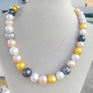 Collar de perlas multicolores genuinas del Mar del Sur de 18" naturales 10x12 mm oro 14k P - Imagen 1 de 7