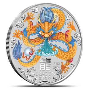 2024 1 oz Colorized Australian Silver Lunar Dragon Coin (BU) - Picture 1 of 2