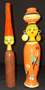 LOT OF 2 SET VTG EGYPTIAN FOLK ART SPINDLE SPOOL DOLLS PAINTED WOOD MAN & WOMAN - Bild 1 von 19
