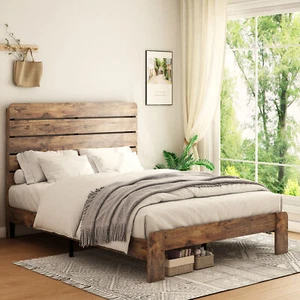 Industrial Full Size Bed Frame W/ Headboard Wooden Slatted Metal Support Brown - Picture 1 of 9