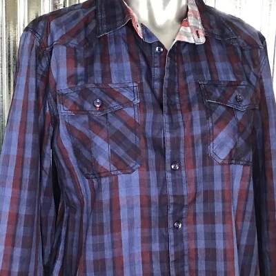 Camisa Buffalo David Bitton Abotonada Azul Cuadros Rojo Occidental Talla Regular XL Foto 1 de 4
