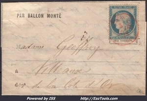 FRANCE N°37 SUR BALLON MONTÉ LE NEWTON CAD ROUGE PARIS SC DU 03/01/1871 - Imagen 1 de 3