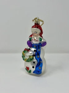 Christmas Ornament Lao-Mai Blown Glass Snowman & Snowchild Blue Scarf Wreath - Picture 1 of 12