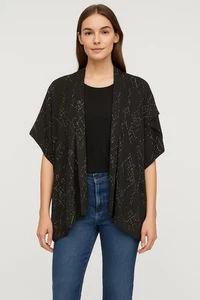 Eileen Fisher Silk Tencel Black Kimono Jacket S/M Geometric Print Open Cardigan - Picture 1 of 9