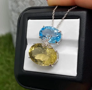 Topaz and Lemon Quartz natural gemstone Necklace, Sterling silver 925, 18 Inches - Picture 1 of 7