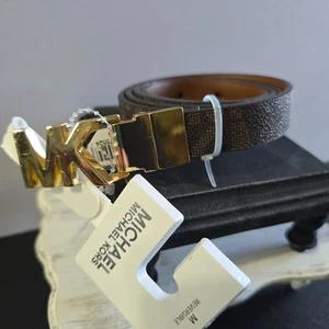 Michael Michael Kors MK Gold Braun Wende Canvas Damen Skinny Gürtel, M, Neu mit Etikett - Bild 1 von 11