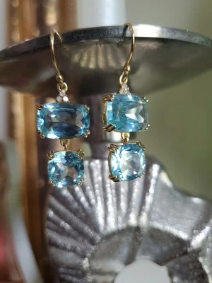 Hirajule Drop Earrings Blue Topaz 14K Vermeil .925 Sterling Silver Diamond Gems - Image 1 of 4