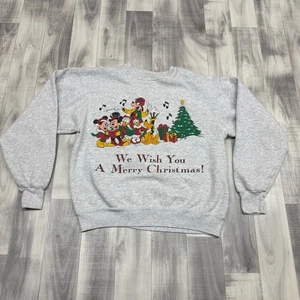 ✅VTG Mickey Minnie Mouse Pluto Goofy Donald Daffy Christmas Sweatshirt M *STAIN - Picture 1 of 13