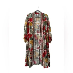 Cato Tiered Kimono Duster Green Red Butterfly Print Embroidered Trim 26/28W - Picture 1 of 5