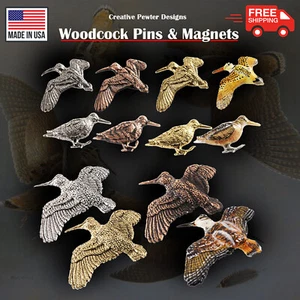 Alfileres e imanes de refrigerador de solapa de pájaro Pewter Woodcock, 4 colores, hechos en EE. UU. - Imagen 1 de 16